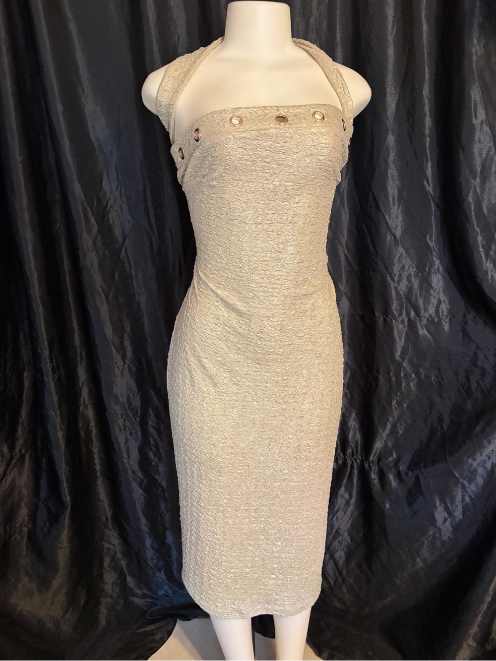 Fashion Nova Cream Halter Midi Dress with Grommet Detail